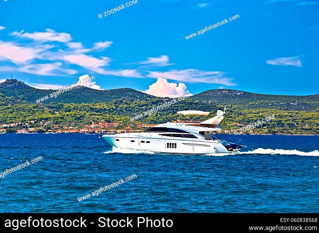 Yachtig at turquoise sea of Zadar archipelago view, Dalmatia region of Croatia