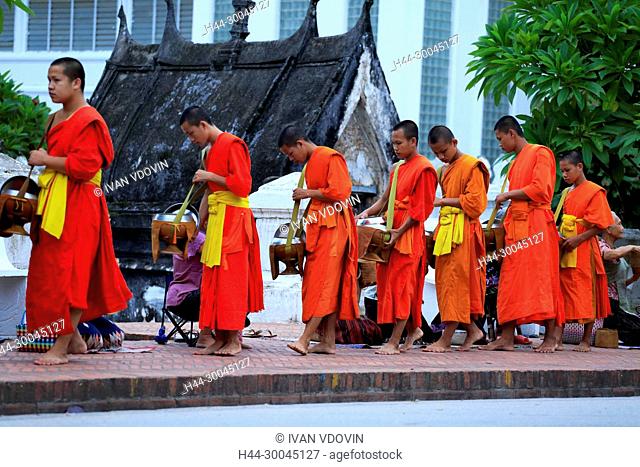 Buddhist monks procession, Buddhist temple, Luang Prabang, Laos
