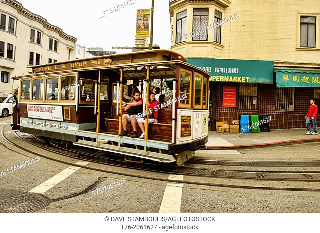 Cable car making its run in San Francisco, California