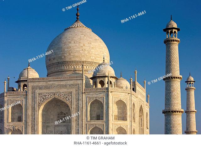 Iwans of The Taj Mahal mausoleum, southern view detail diamond facets with bas relief marble, Uttar Pradesh, India
