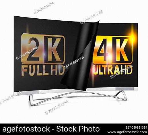 modern TV with 2K and 4K Ultra HD inscription on the screen