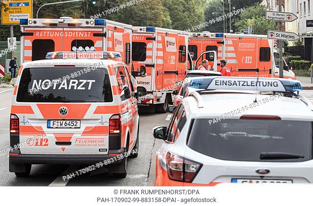 Several ambulances stand at the entrance of the Buergerhospital, in Frankfurt am Main, Germany, 2 September 2017. The hospital has to be evacuated on Sunday (3...