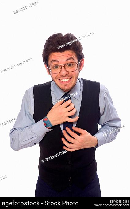 Young businessman in funny concept on white