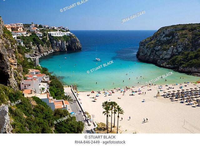 View over beach, Cala en Porter, south east Coast, Menorca, Balearic Islands, Spain, Mediteranean, Europe