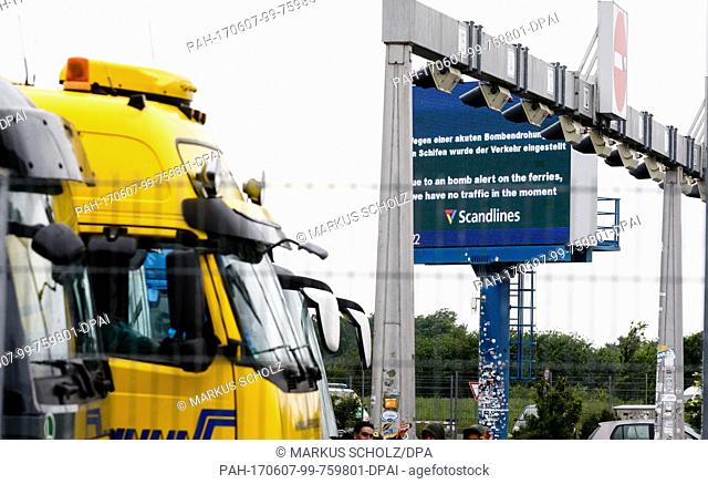 A sign informs drivers of the suspension of ferry services in Puttgarden, Germany, 7 June 2017. The ferry service between Puttgarden and Rodby (Denmark) was...