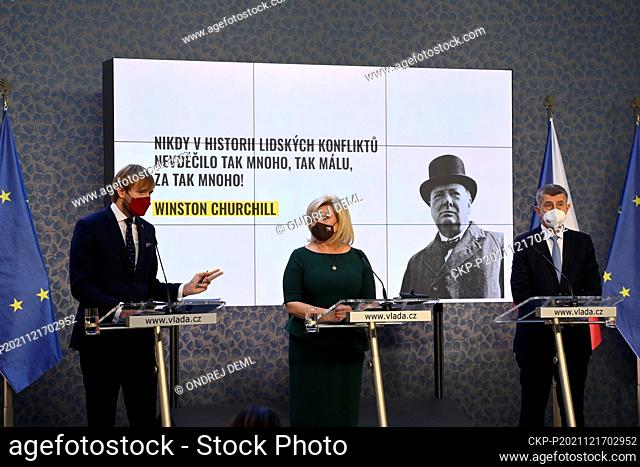 Czech Health Minister Adam Vojtech (for ANO; left) quotes Winston Churchill during the final press conference of outgoing ANO-CSSD minority government at the...