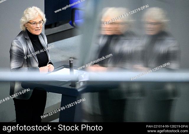 14 October 2022, Berlin: Christine Lambrecht (SPD), Federal Minister of Defense, speaks at the plenary session in the German Bundestag during deliberations on...