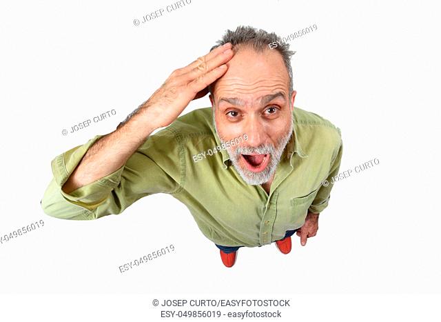 man with expression of forgetfulness or surprise on white background