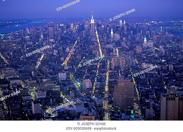 Time exposure shot of Manhattan at night from above, New York City, NY