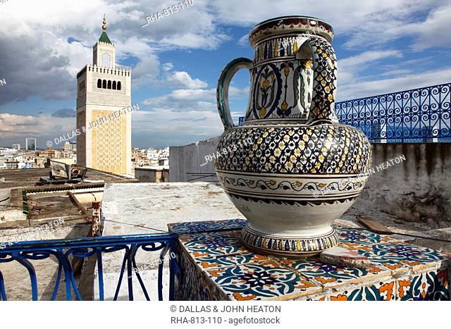 Minaret of the Great Mosque Jamaa el Zitouna  and local pottery, Medina, UNESCO World Heritage Site, Tunis, Tunisia, North Africa, Africa
