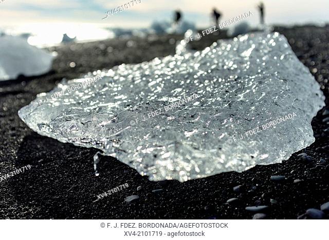 Close-up of stranded small icebergs on Jokulsarlon beach shore. Iceland
