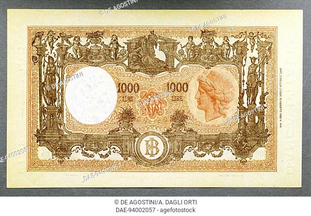 1000 lire banknote, modified Barbetti type, 1943-1947, reverse, 24.8x14.8 cm. Italy, 20th century.  Private Collection