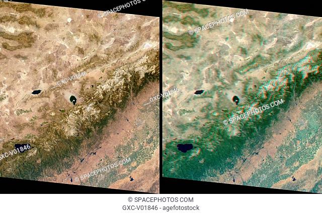 These MISR images of the Sierra Nevada mountains near the California-Nevada border were acquired on August 12, 2000 during Terra orbit 3472