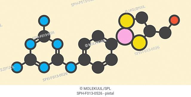 Melarsoprol trypanosomiasis drug molecule. Stylized skeletal formula (chemical structure). Atoms are shown as color-coded circles: hydrogen (hidden)