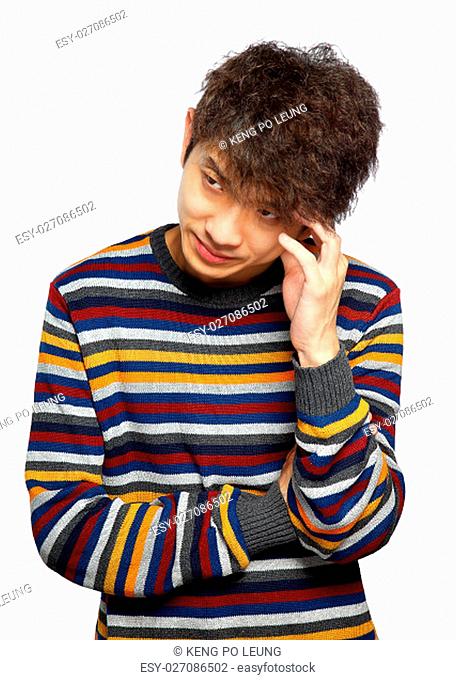 Portrait of handsome young thoughtful man isolated over white background