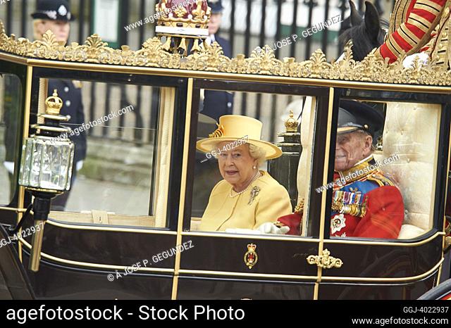 Queen Elizabeth II Prince Philip, Duke of Edinburgh ride in a carriage procession to Buckingham Palace following the marriage of Their Royal Highnesses Prince...