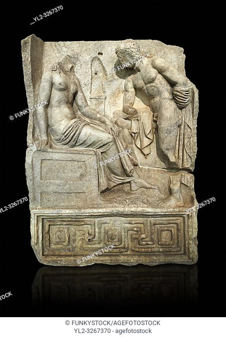 Roman Sebasteion relief sculpture of Io and Argos Aphrodisias Museum, Aphrodisias, Turkey. Against a black background.