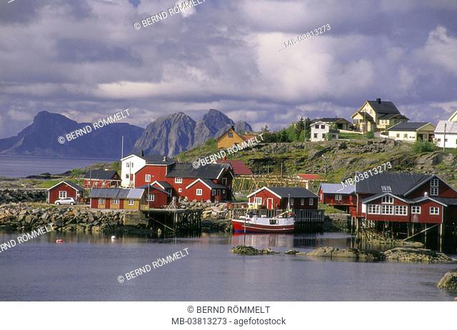 Norway, Lofoten, island Moskenesøy,  Å, skyline,   Scandinavia, North country, Moskenesoy, A, place houses fisher harbor, landing place, fish cutters, sea