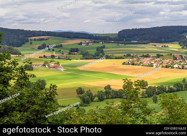 sunny aerial scenery around Falkenstein castle in the Bavarian Forest at summer time