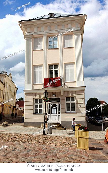 famous Leaning House (Barclay House) in the city of Tartu, Estonia, Baltic State, Europe
