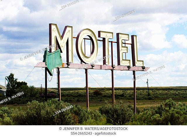 An old motel sign in Coulee City, Washington, USA