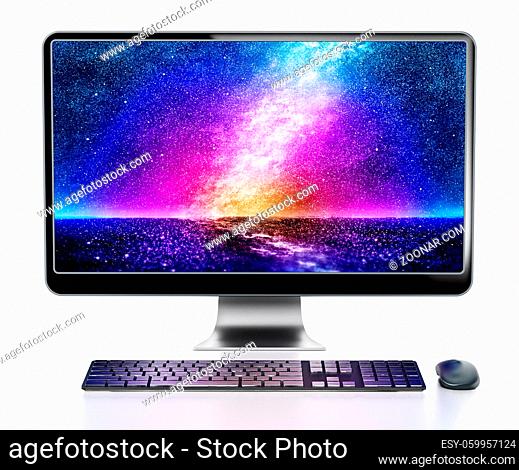 Modern desktop computer with vivid wallpaper. 3D illustration