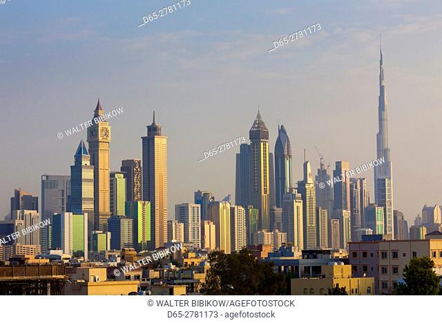 UAE, Dubai, Jumeira, skyscrapers along Sheikh Zayed Road, skyline from Jumeira, dusk