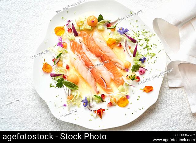 Prawn and salmon ceviche with melon