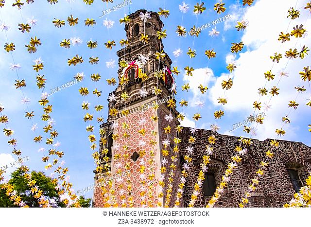 Festivity ornaments outside the church of Valladolid during Revolution Day Memorial, Mexico City, Federal District, Mexico