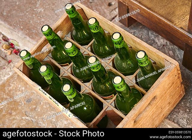 Close-up view of the sider bottles, Santillana del Mar, Cantabria, Spain, Europe