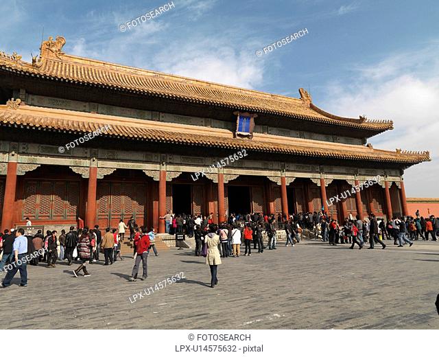 Tourists in front of Baohe Hall, Forbidden City, Beijing, China