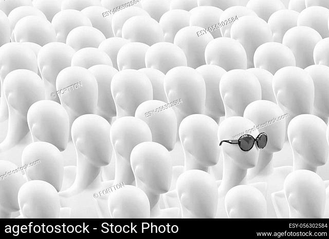 Mannequin in dark glasses on the background of other mannequins. A crowd of people dummies. Concept. Many faceless mannequins heads