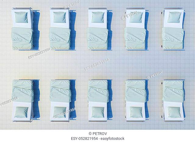 rows of hospital beds top view. 3d rendering