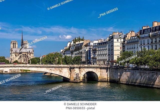 France, 4th arrondissement of Paris, Ile Saint Louis on the Seine river, pont de la Tournelle and cathedral of Notre-Dame de Paris