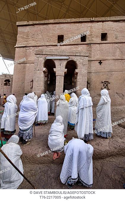 pilgrims at Bet Maryam rock hewn church in Lalibela, Ethiopia