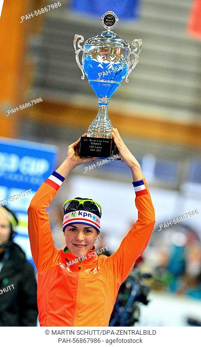 Dutch speed skater Marrit Leenstra is the overall winner in the 1500 meters of the speed skating world cup in Erfurt, Germany 21 March 2015