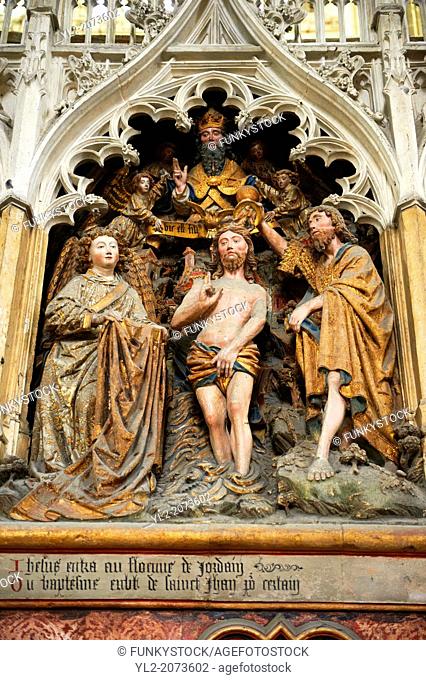 Gothic sculptures depicting scenes from the life of John The Baptist. Cathedral of Notre-Dame, Amiens, France