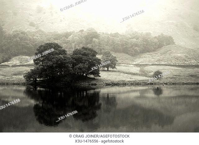 Rydal Water and Loughrigg Fell on a misty autumn afternoon  Lake District National Park, Ambleside, Cumbria, United Kingdom