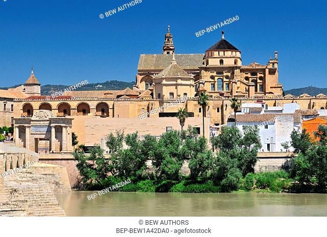 Mosque Cathedral (La Mezquita) and Roman Bridge on Guadalquivir river in Cordoba, Spain, Andalusia region