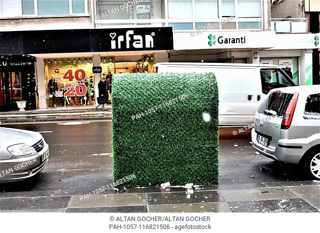 17 January 2019, Turkey, Ankara: A garbage can with a green eco-friendly design is placed next to a sidewalk by the main opposition Republican People's Party's...