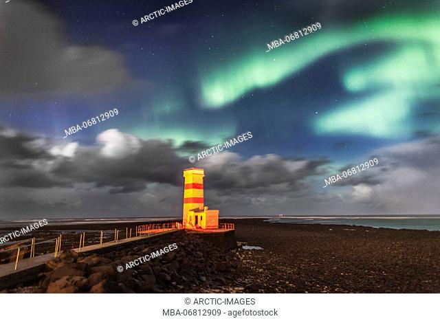 Northern lights and Gardskaga lighthouse, Reykjanes Peninsula, Iceland