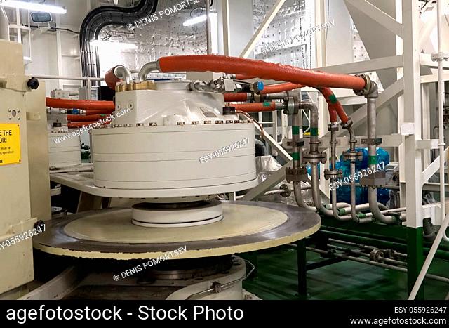 Murmansk, Russia - June 24, 2019: The engine compartment of the ship. Engine and steering equipment