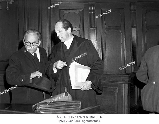 Actor and movie director Veit Harlan (l) during his trial for his ""crime against humanity"" before the Hamburg jury court in Berlin-Moabit, in March 1949