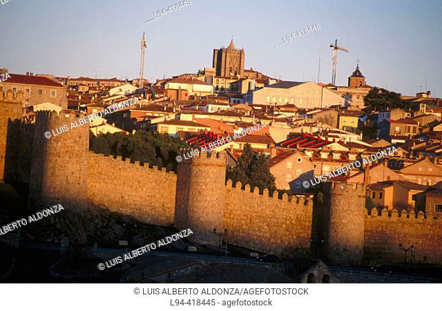 Fortified town, Cathedral in background. Avila. Spain