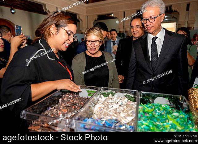 Minister for Development Cooperation and Metropolitan Policy Caroline Gennez (C) and Official envoy of King Mohammed VI Karim Kassi-Lahlou (R) are pictured...