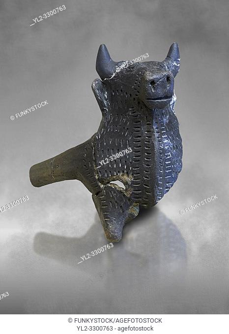Hittite terra cotta ceremonial libation rhython in the shape of a bull . Hittite Empire, Alaca Hoyuk, 1450 - 1200 BC. Alaca Hoyuk