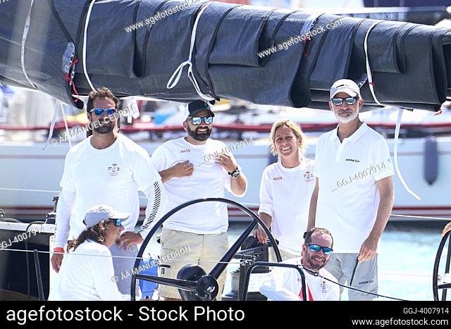 King Felipe VI of Spain arrives to Real Club Nautico on board of AIFOS 500 yatch during the 40th Copa del Rey Mapfre Sailing Cup - Training Day at Real Club...