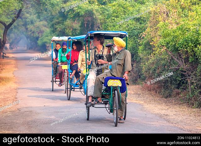 Visitors riding cycle rickshaw in Keoladeo Ghana National Park in Bharatpur, Rajasthan, India. The park was declared a protected sanctuary in 1971 and it is...