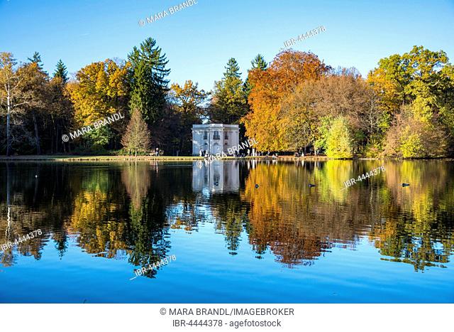 Pagodenburg reflected in Lake Pagodenburg, Nymphenburg Castle Park, autumn, Munich, Upper Bavaria, Bavaria, Germany