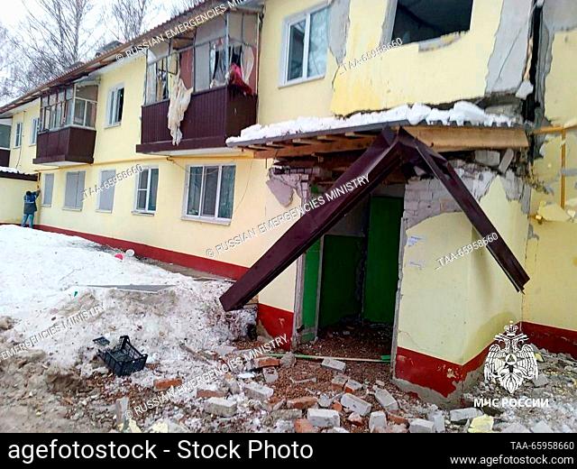 RUSSIA, REPUBLIC OF TATARSTAN - DECEMBER 21, 2023: A view of a two-storey residential building hit by a gas blast in the village of Osinovo